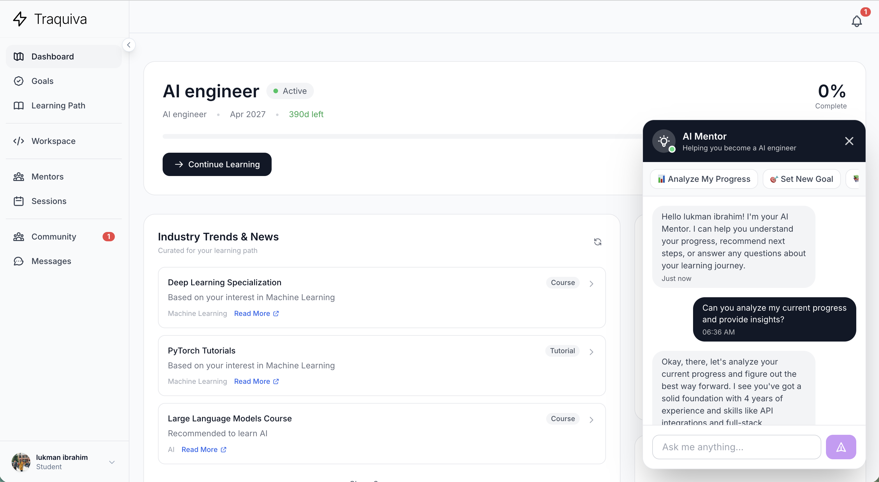 Traquiva AI Mentor - 24/7 personalized guidance, progress analysis, and goal setting