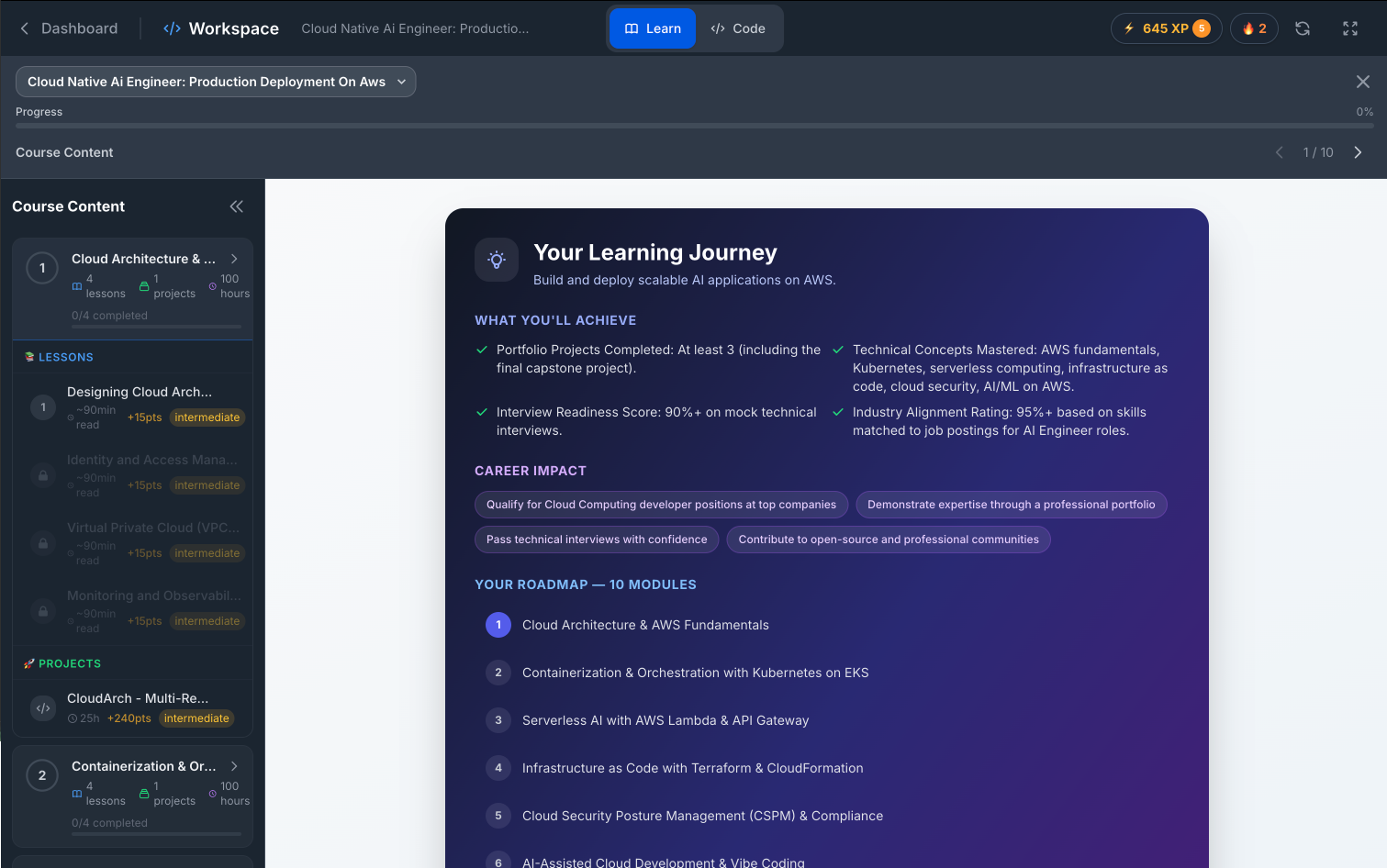 Traquiva Learning Journey - Course content with modules, lessons, projects, and career roadmap