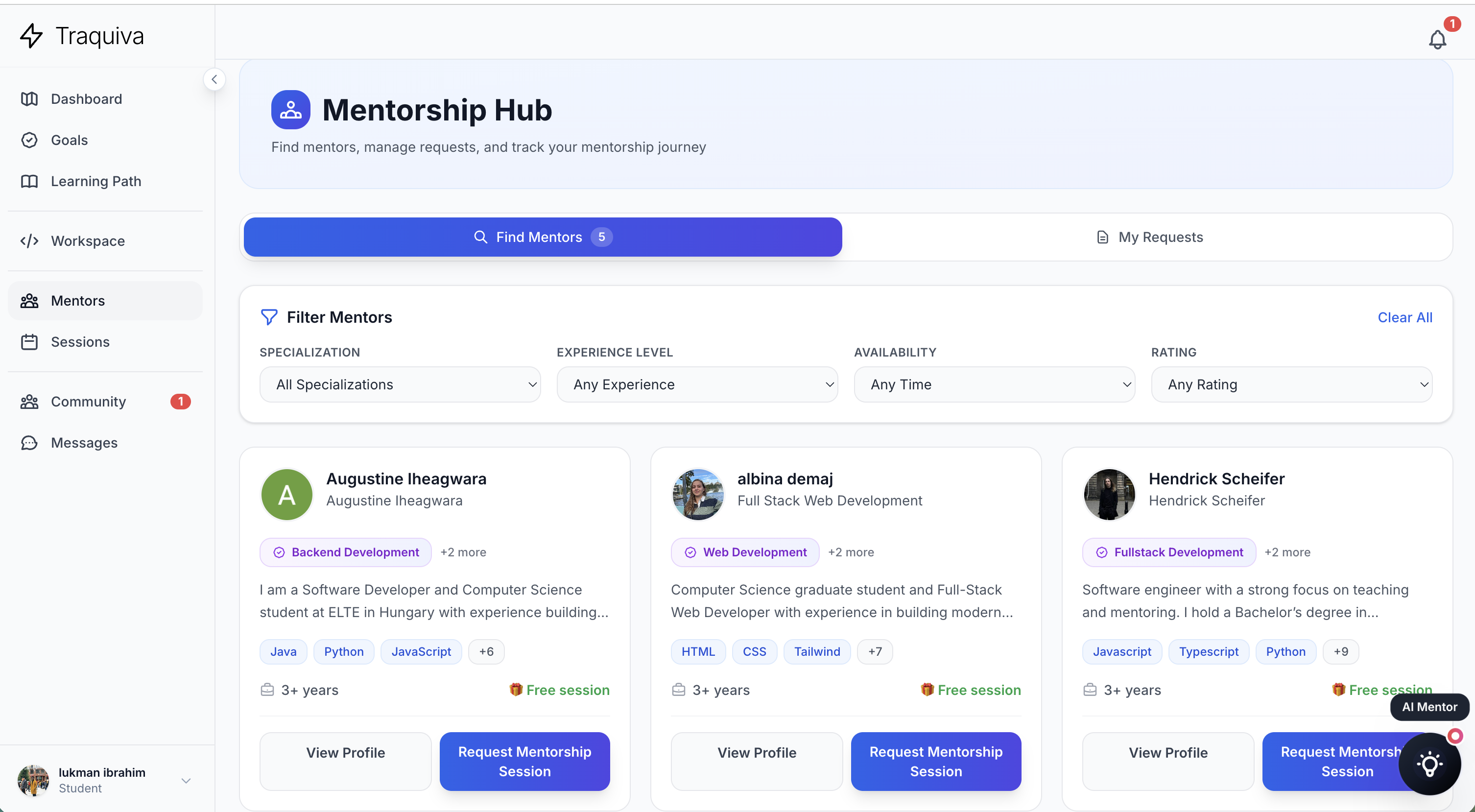 Traquiva Mentorship Hub - Find real developers, filter by specialization, and book 1-on-1 sessions